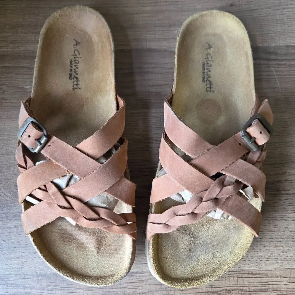 EUC A. GIANNETTI TAN GENUINE LEATHER SANDALS SLIPPERS MADE IN ITALY SIZE 8